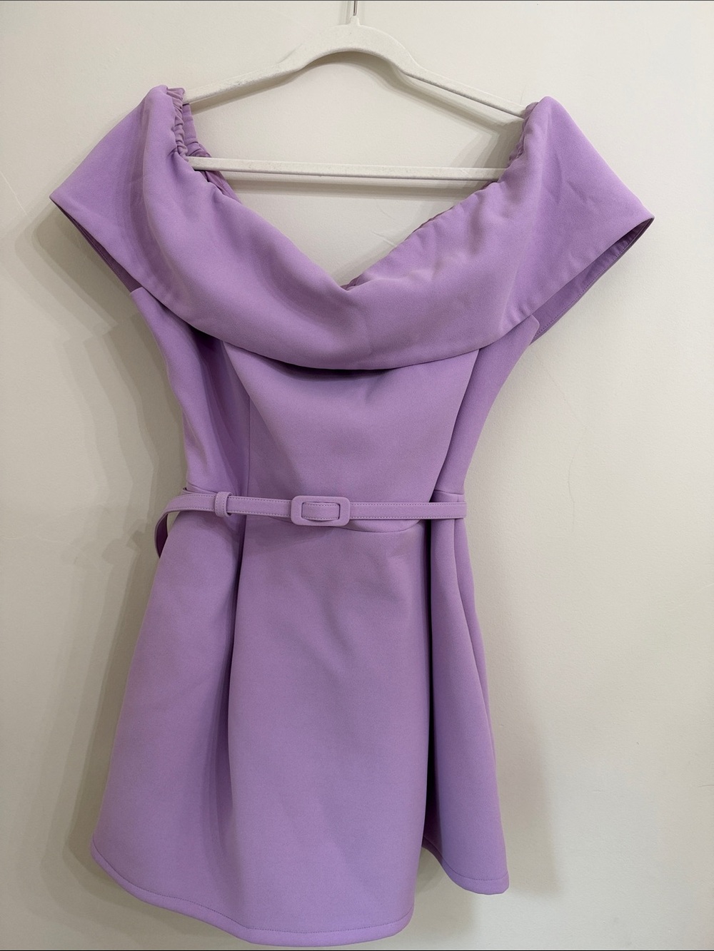 Nadine Merabi Harper Lilac Off-Shoulder Belted Mini Dress
